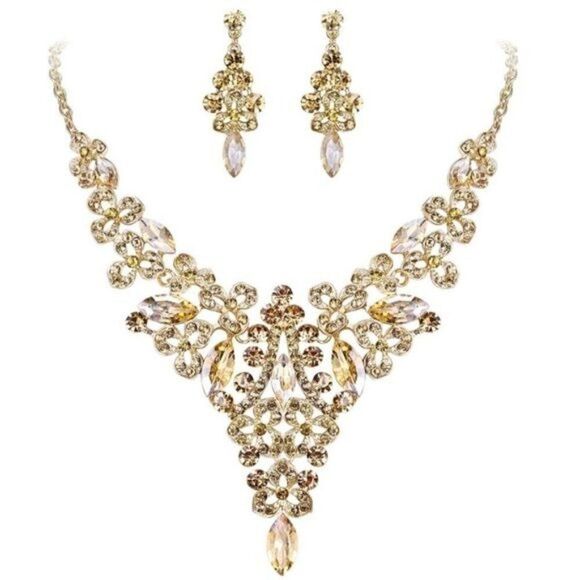 Yellow Gold and Champagne Austrian Crystal Flower Bib Necklace and Earrings Set - Picture 1 of 6